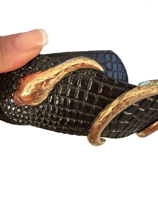 Vintage Style Wide Waist Gold Snake Belt Croc Embossed Leather Black Medium main image 9